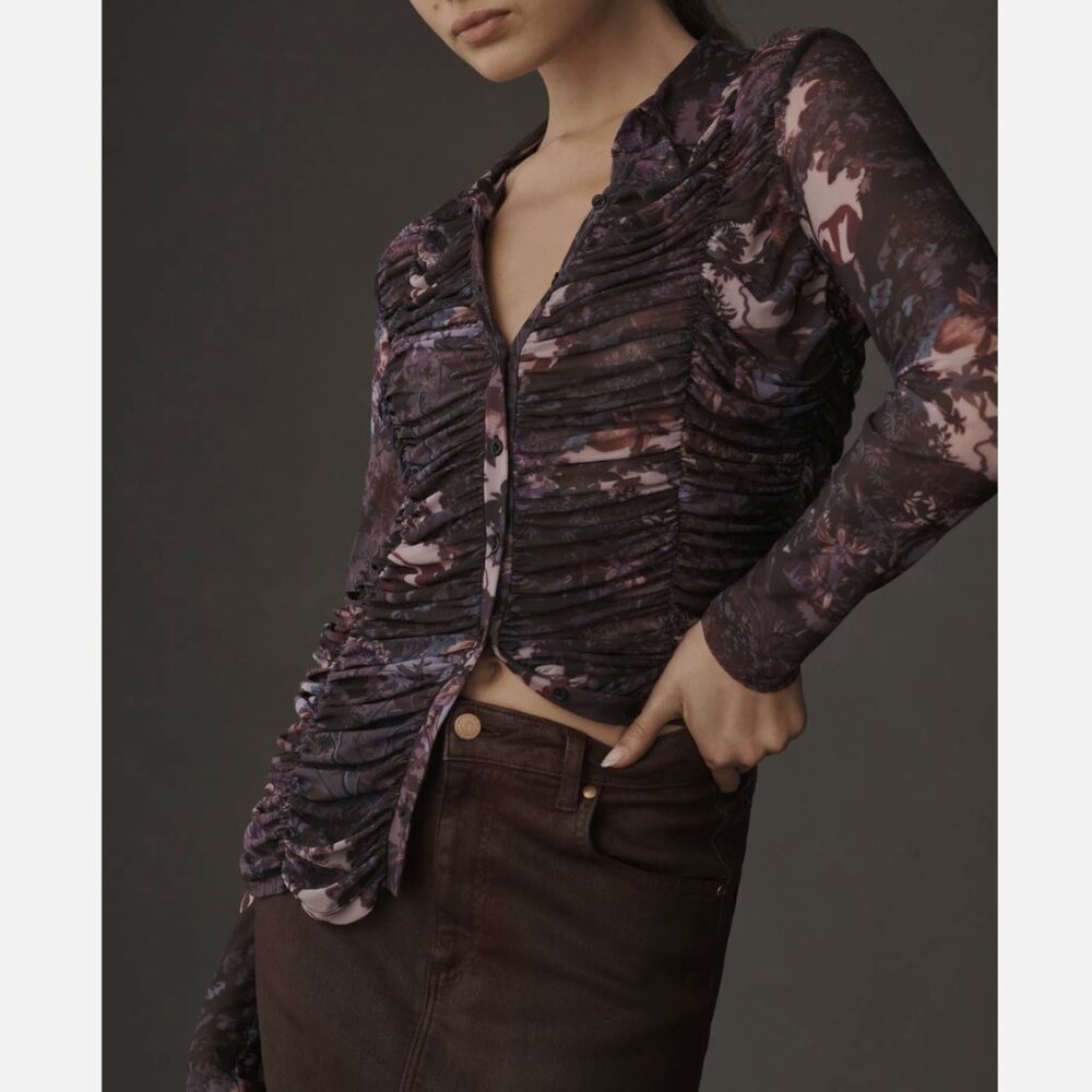 Pilcro by Anthropologie Purple Collared Mesh Button-down Shirt